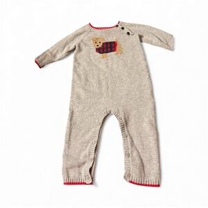 Janie and Jack Beige Knit Footie with Dog Design